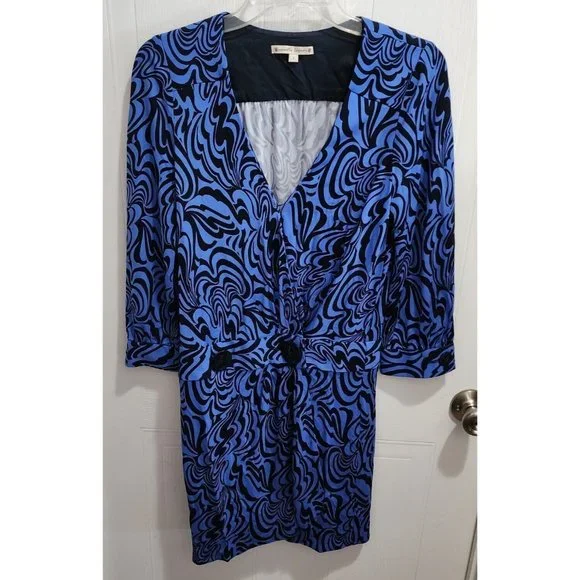 Nanette Lepore | Dresses | Nanette Lepore Womens Long Sleeve Dress Deep V  Neck Funky Blue Print Size 2 | Poshmark